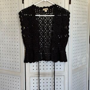 ONE WORLD Black Crochet Tie-Front Vest